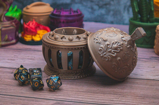 Cleric dice box - The Flaming Feather & Flaming Filament