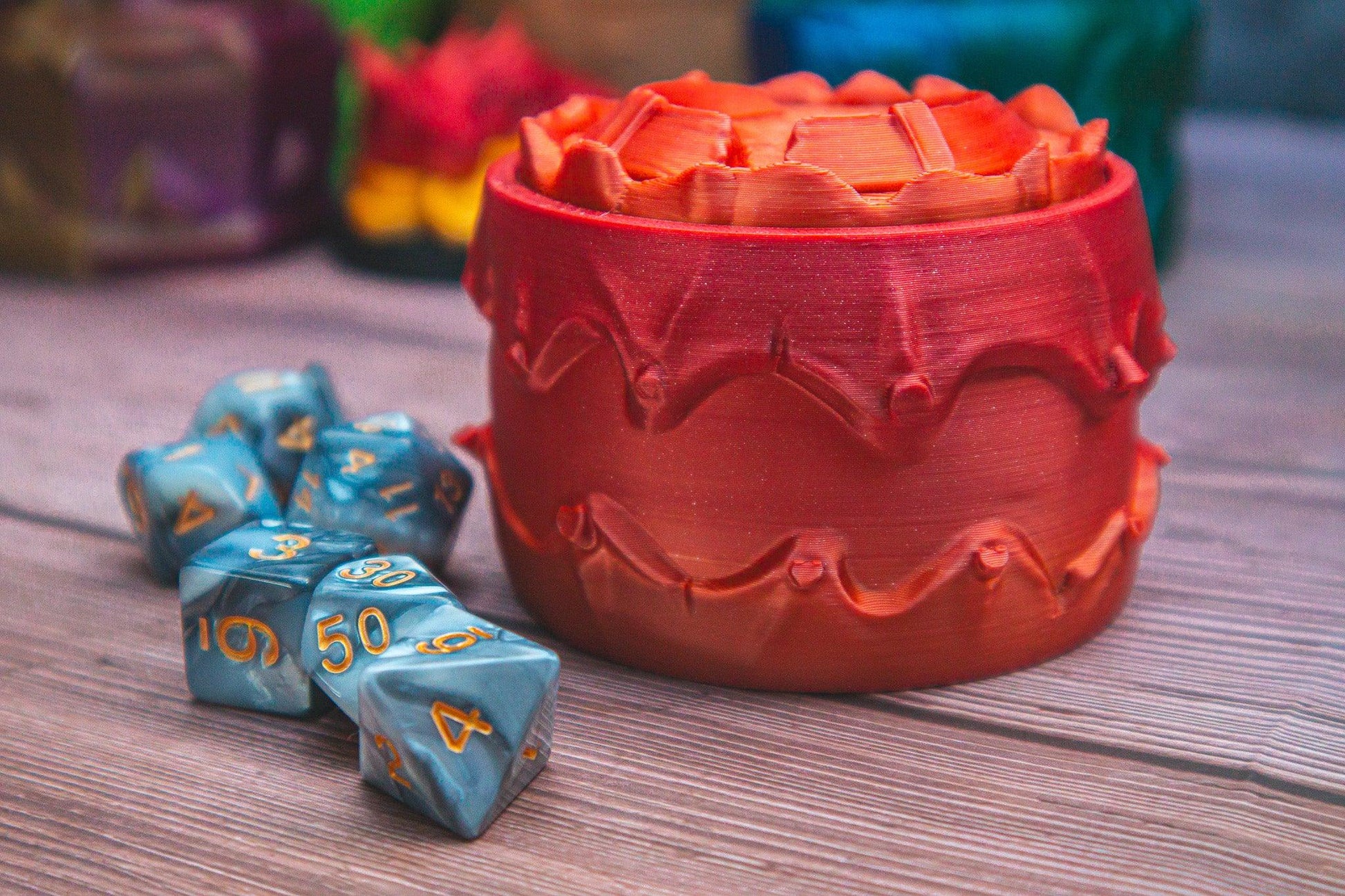 Barbarian dice box - The Flaming Feather & Flaming Filament