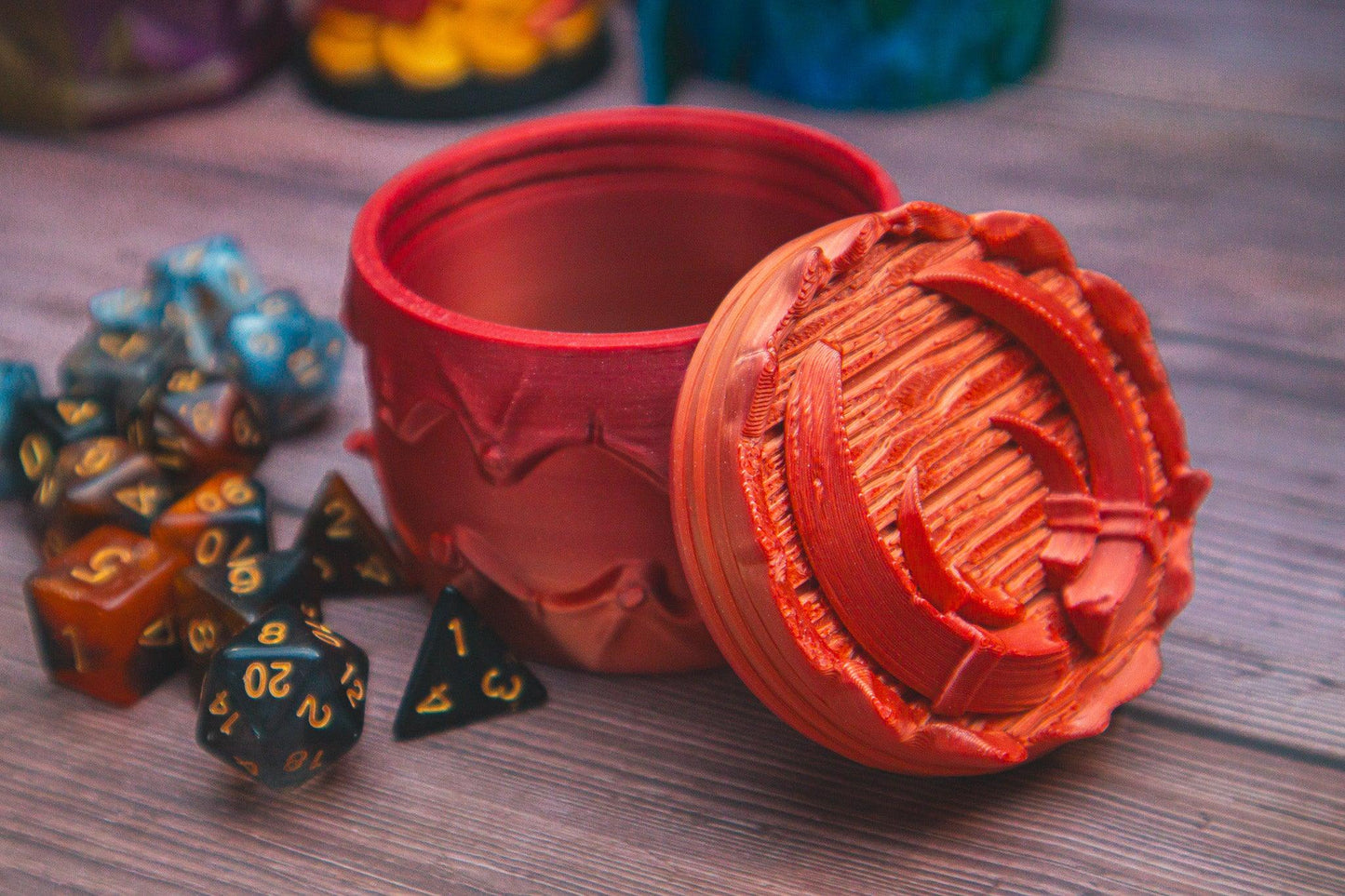 Barbarian dice box - The Flaming Feather & Flaming Filament
