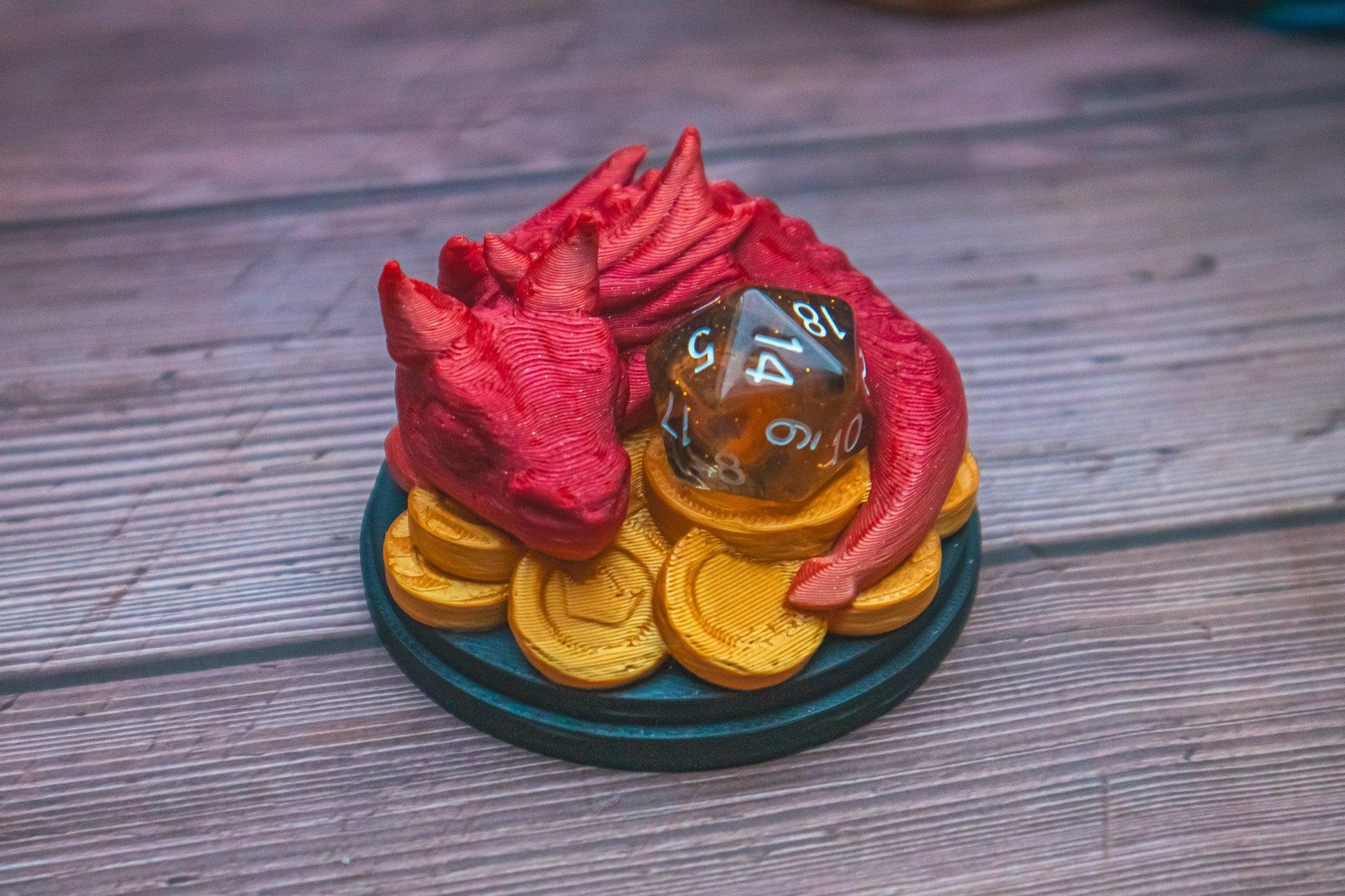 Baby dragon D20 dice guardian - The Flaming Feather & Flaming Filament
