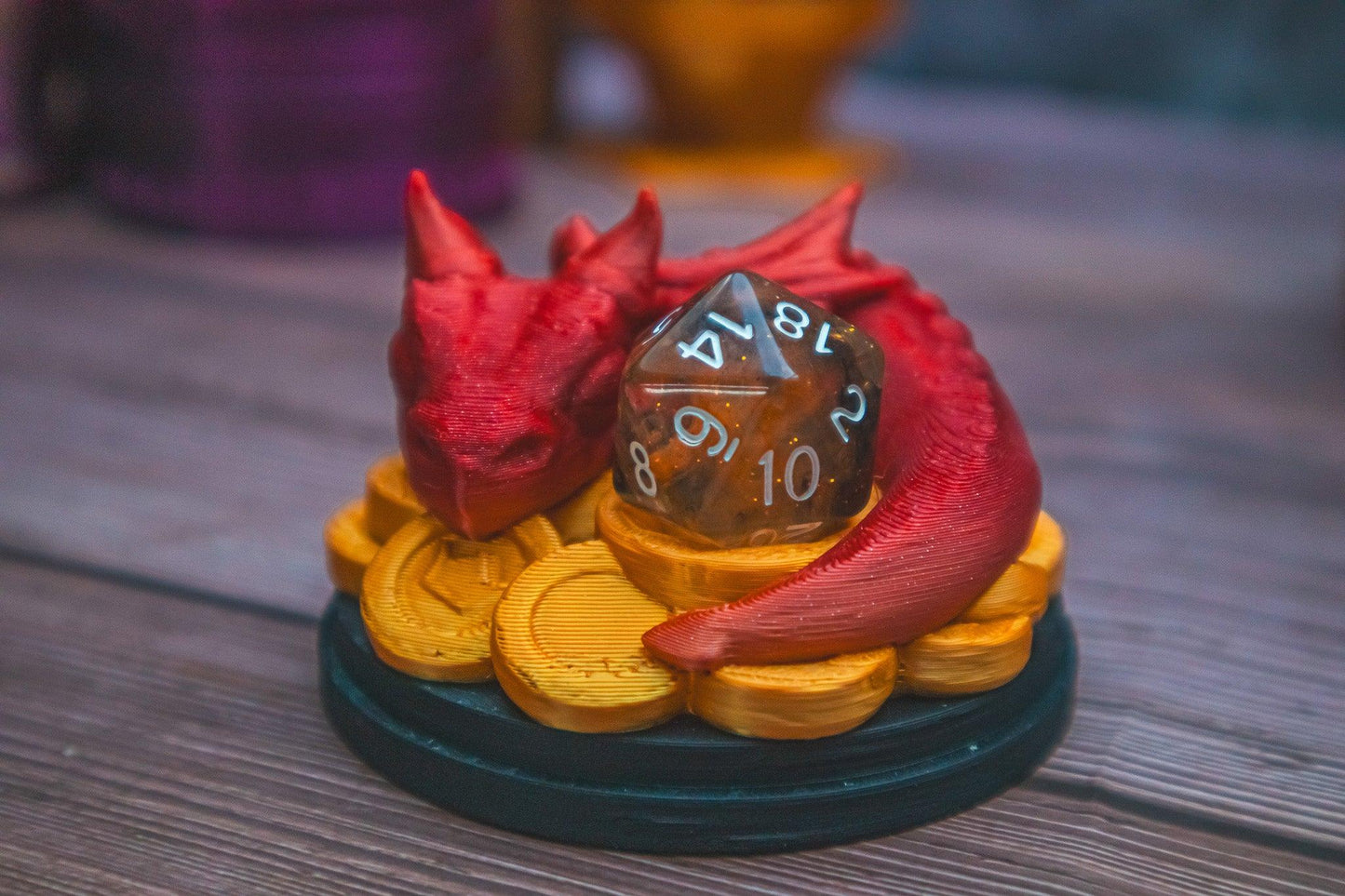 Baby dragon D20 dice guardian - The Flaming Feather & Flaming Filament