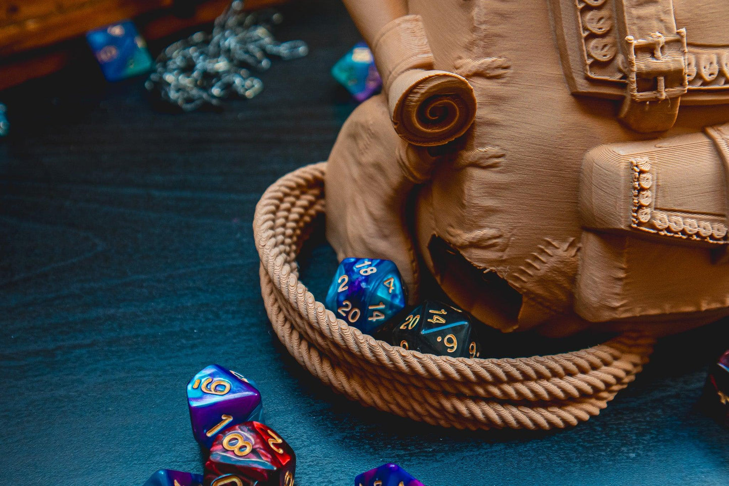 Adventurer's Backpack Dice Tower - The Flaming Feather & Flaming Filament