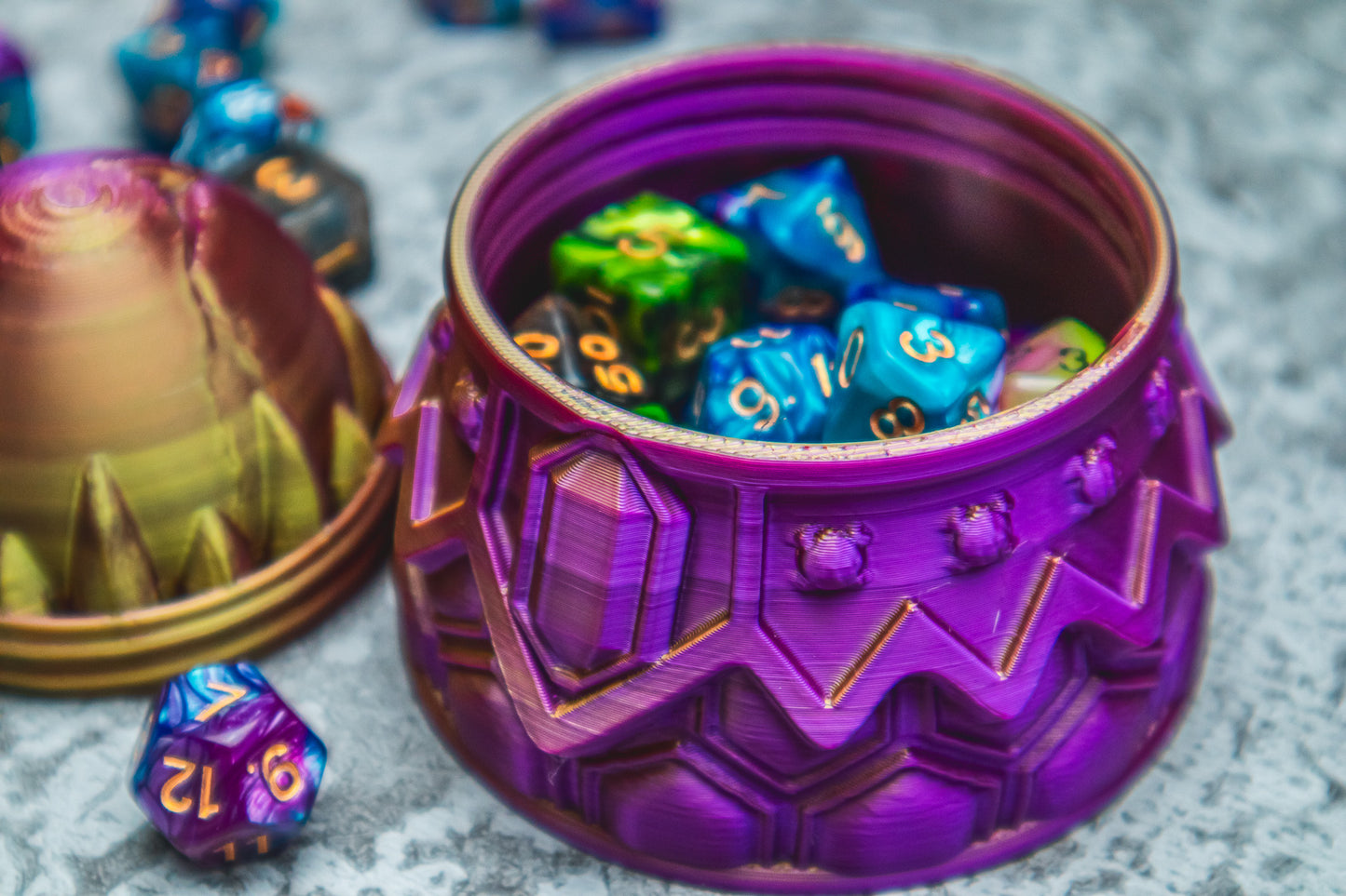 Dragonborn dice box - The Flaming Feather & Flaming Filament