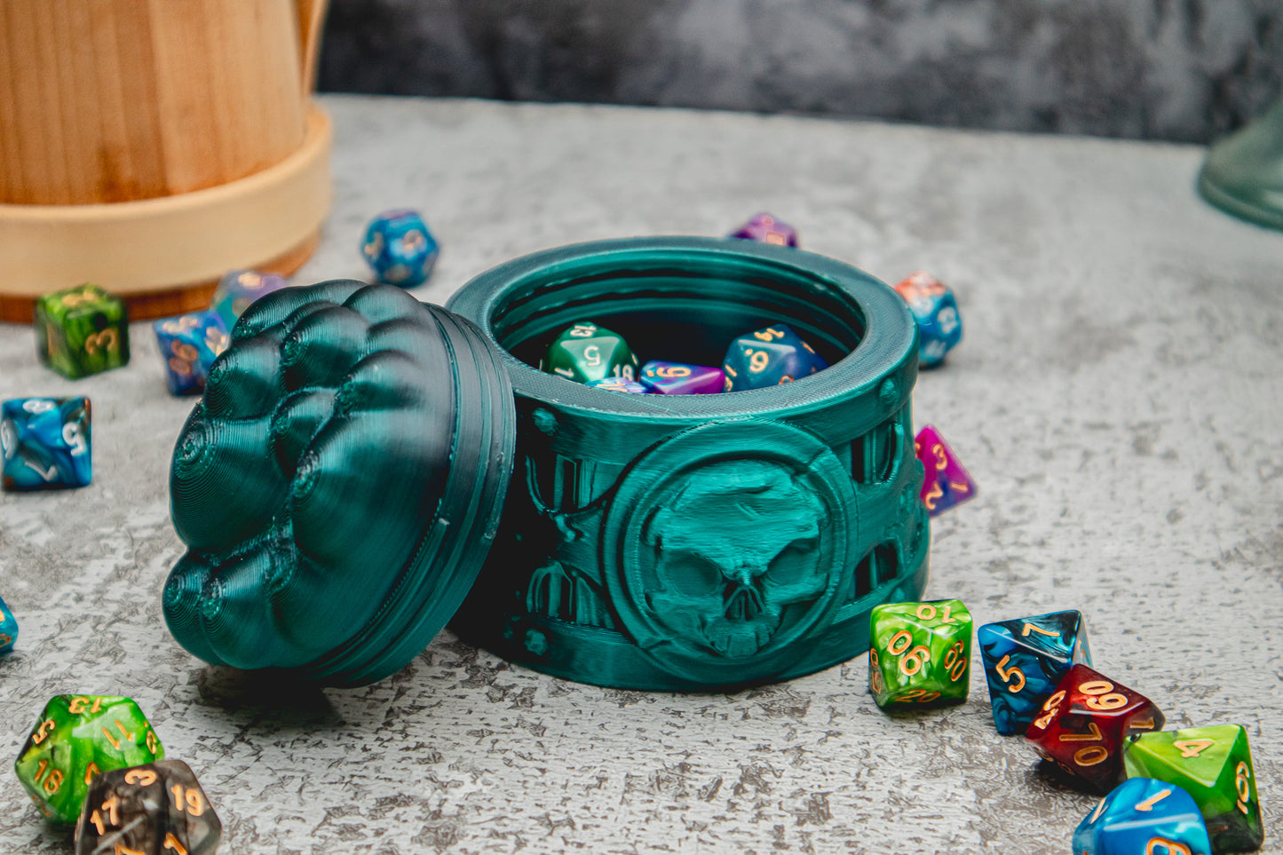 Tavern Brawler dice box - The Flaming Feather & Flaming Filament
