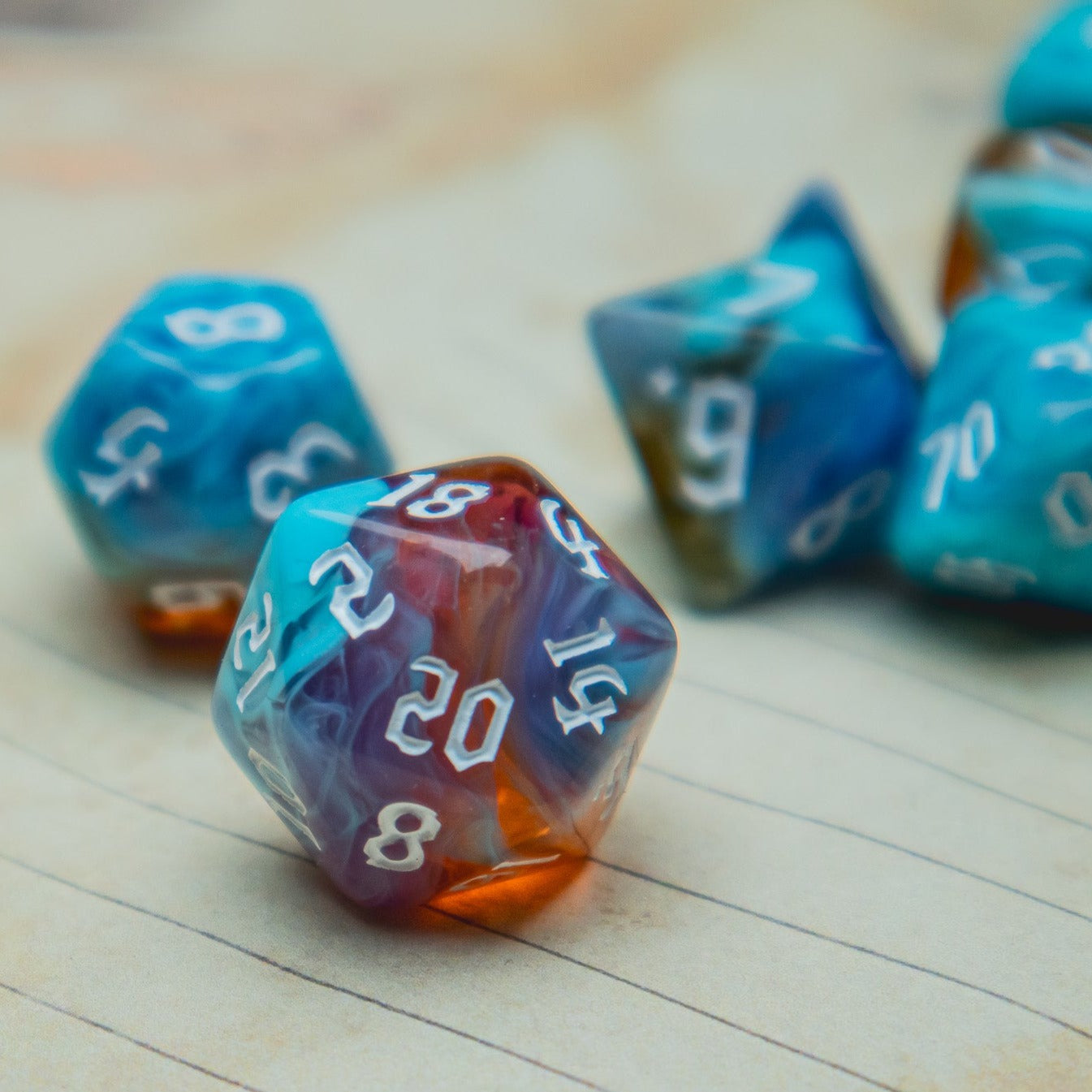 Eternal Sunrise Polyhedral dice set - The Flaming Feather & Flaming Filament