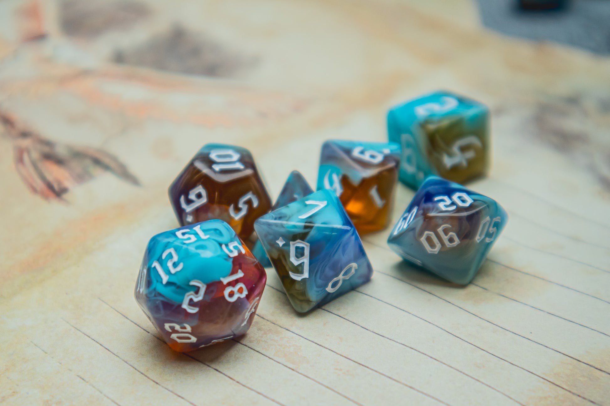 Eternal Sunrise Polyhedral dice set - The Flaming Feather & Flaming Filament
