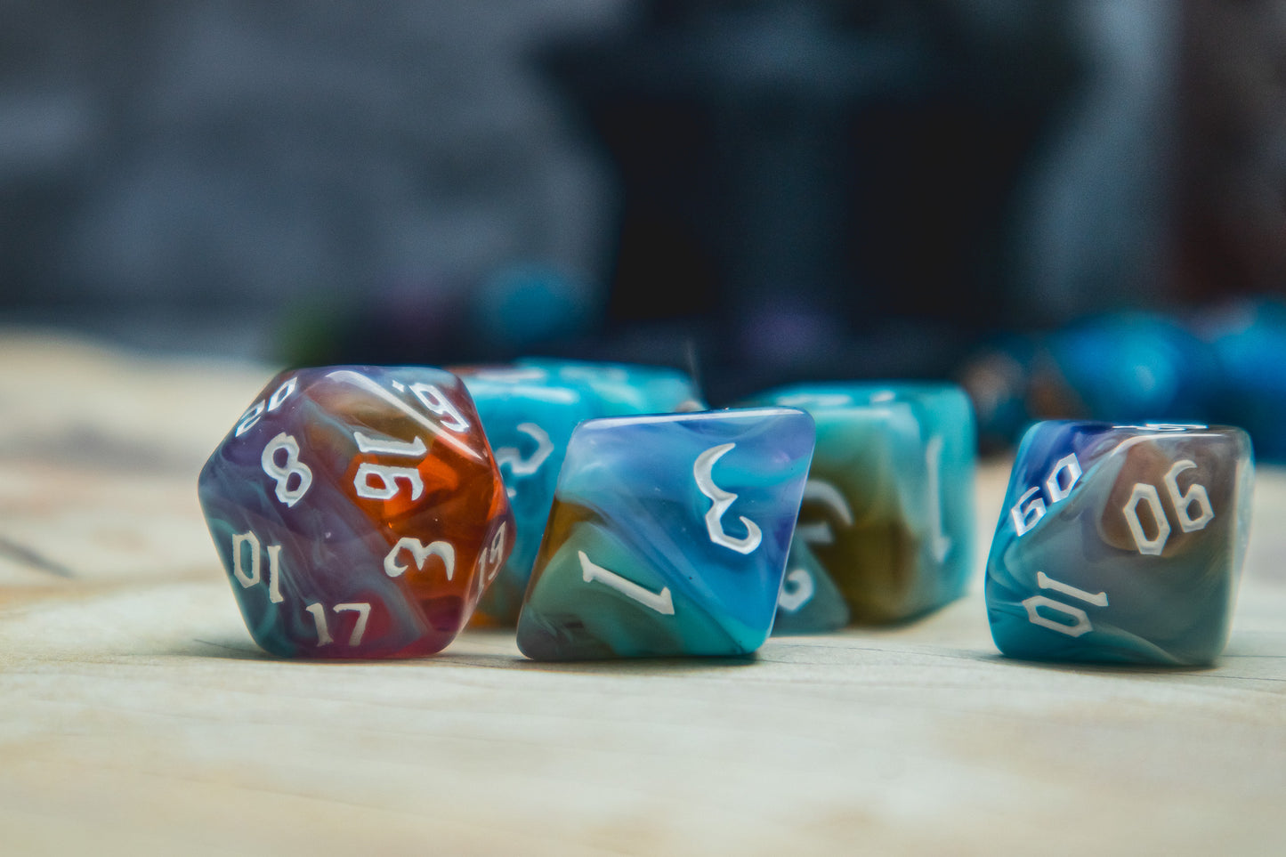 Eternal Sunrise Polyhedral dice set - The Flaming Feather & Flaming Filament
