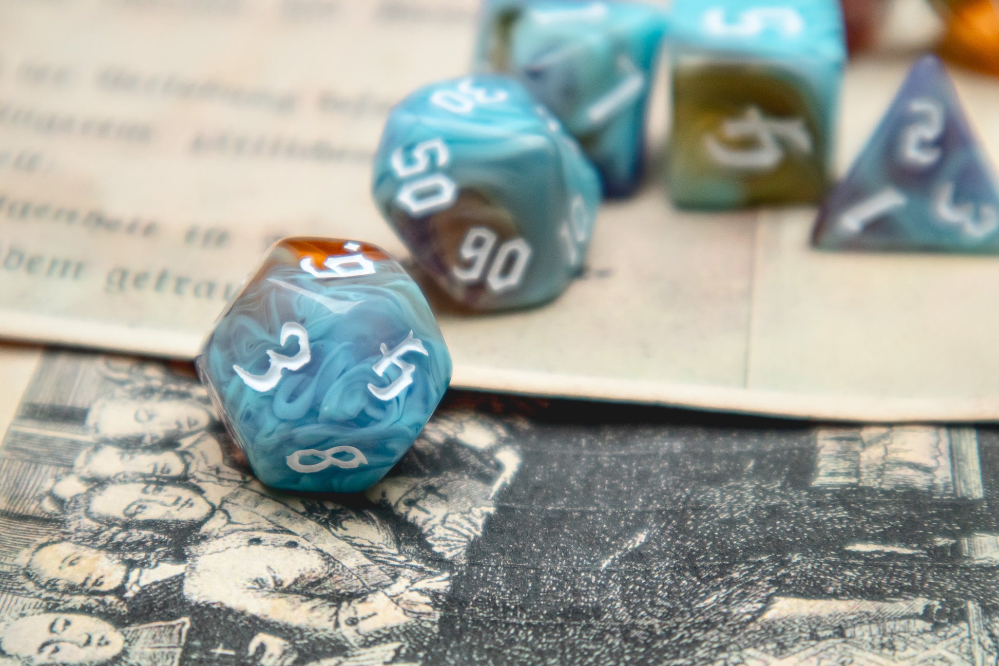 Eternal Sunrise Polyhedral dice set - The Flaming Feather & Flaming Filament