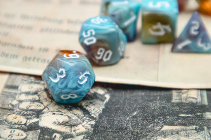Eternal Sunrise Polyhedral dice set - The Flaming Feather & Flaming Filament
