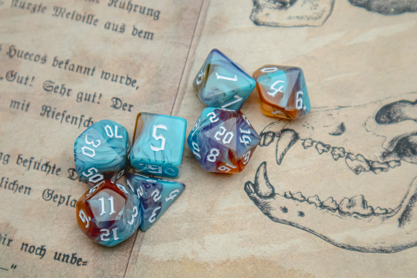 Eternal Sunrise Polyhedral dice set - The Flaming Feather & Flaming Filament