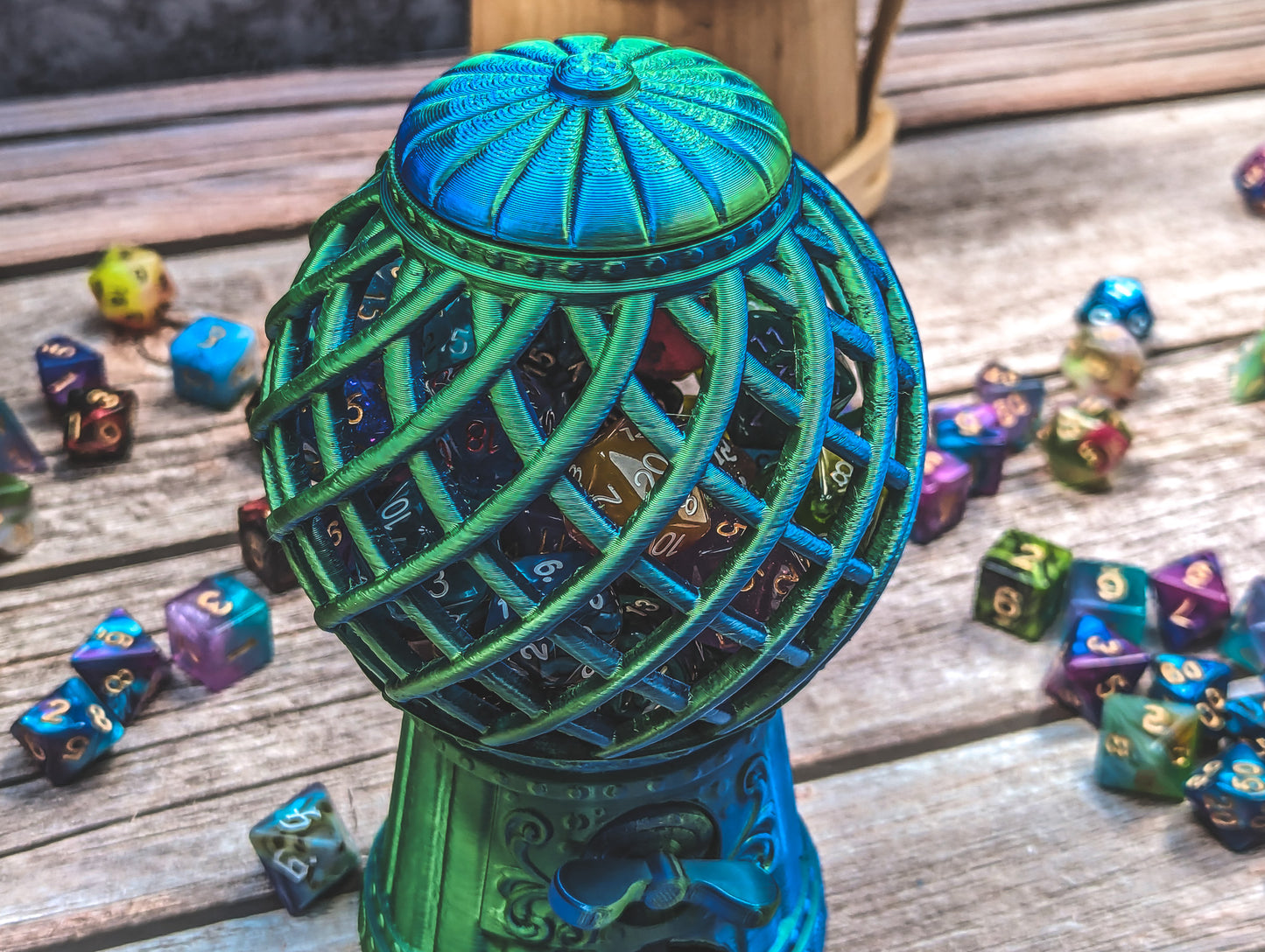 D20 Gumball machine dice tower - The Flaming Feather & Flaming Filament