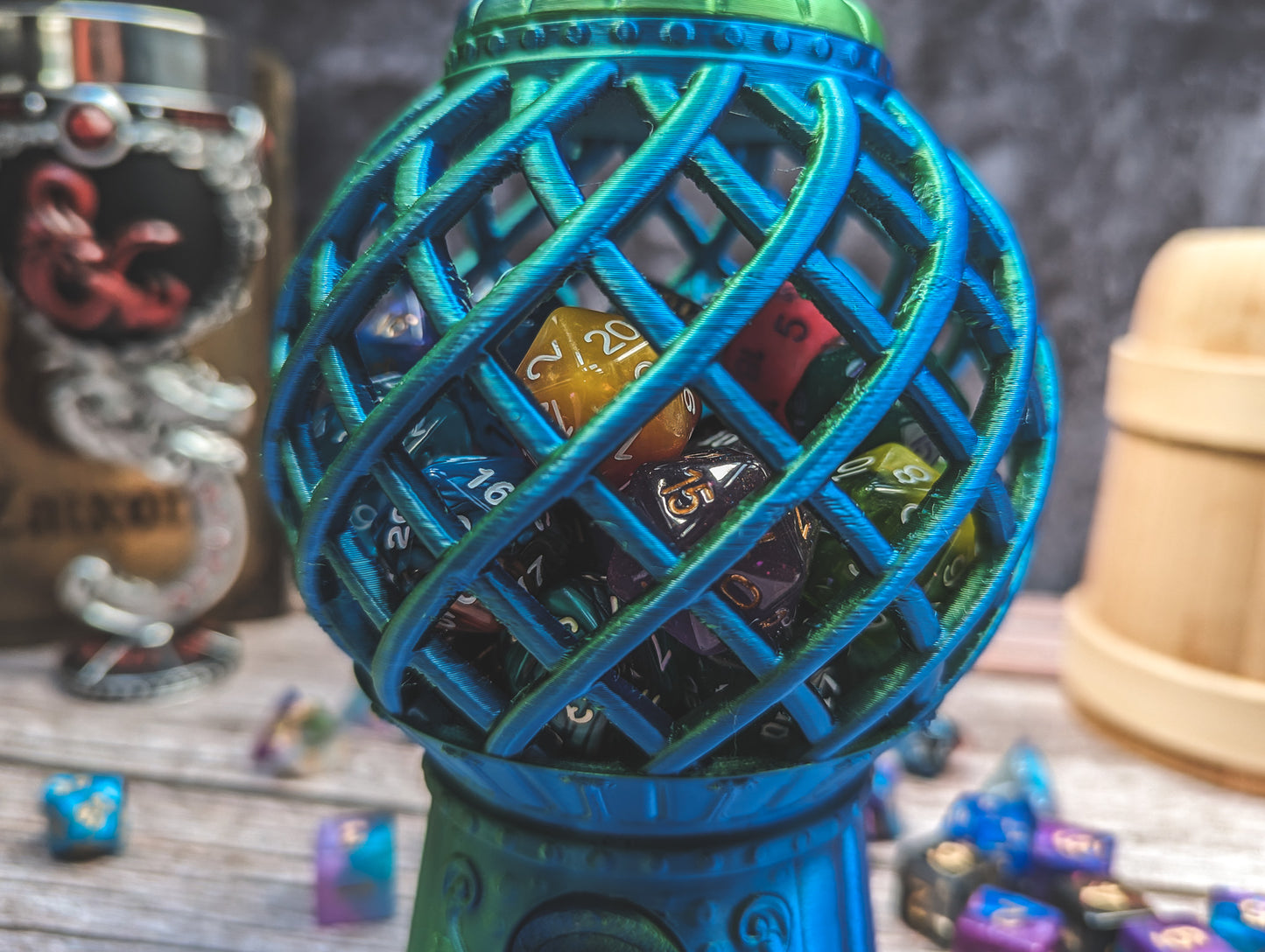 D20 Gumball machine dice tower - The Flaming Feather & Flaming Filament