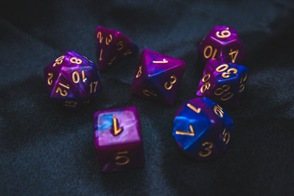 Lunar Sorcery Polyhedral dice set - Soft edge - The Flaming Feather & Flaming Filament