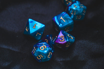 Faerie Fire Polyhedral dice set - Soft edge - The Flaming Feather & Flaming Filament