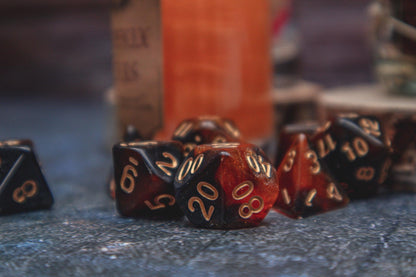 Phoenix Ashes Polyhedral dice set - Soft edge - The Flaming Feather & Flaming Filament