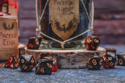Phoenix Ashes Polyhedral dice set - Soft edge - The Flaming Feather & Flaming Filament
