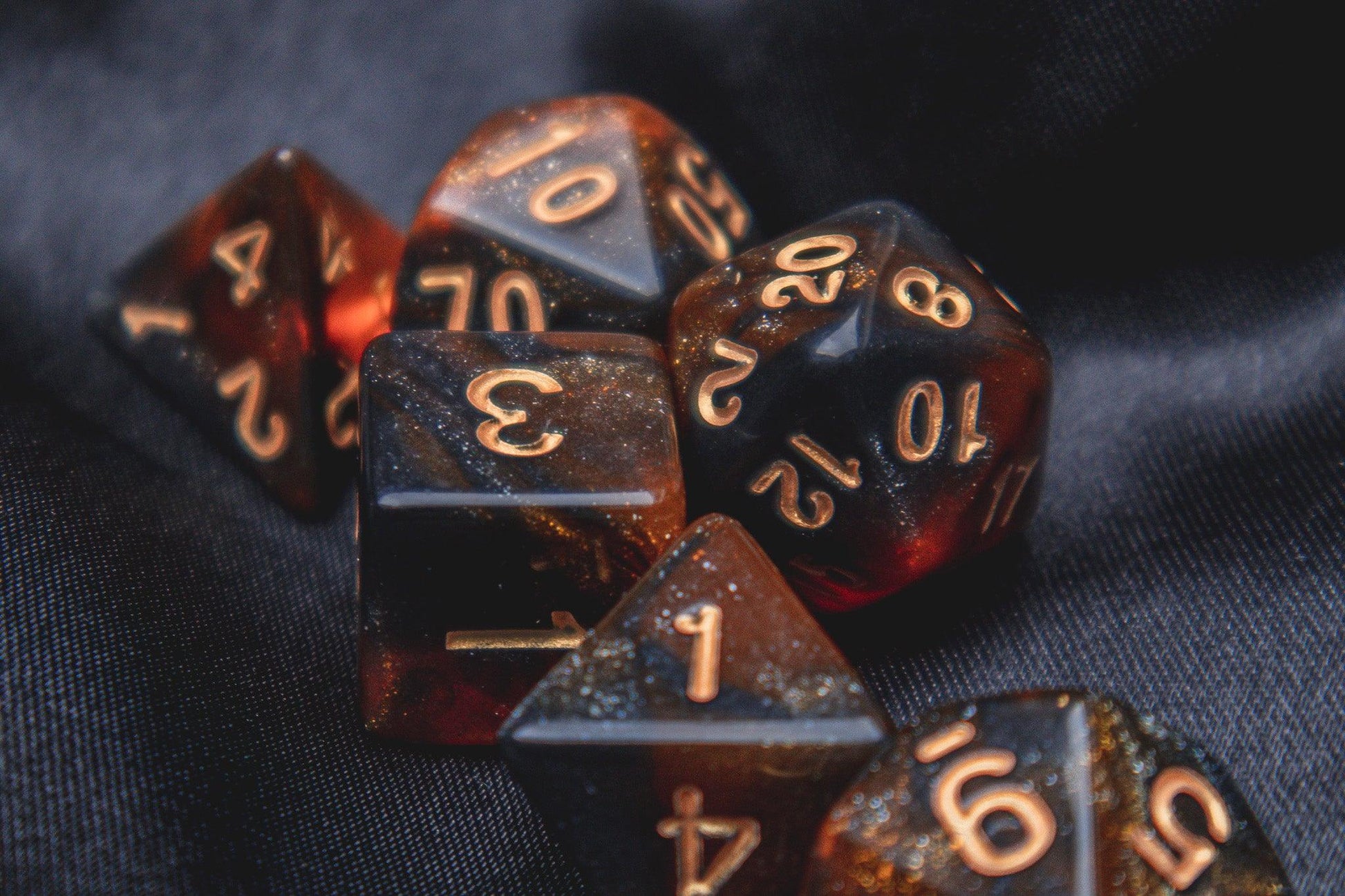 Phoenix Ashes Polyhedral dice set - Soft edge - The Flaming Feather & Flaming Filament