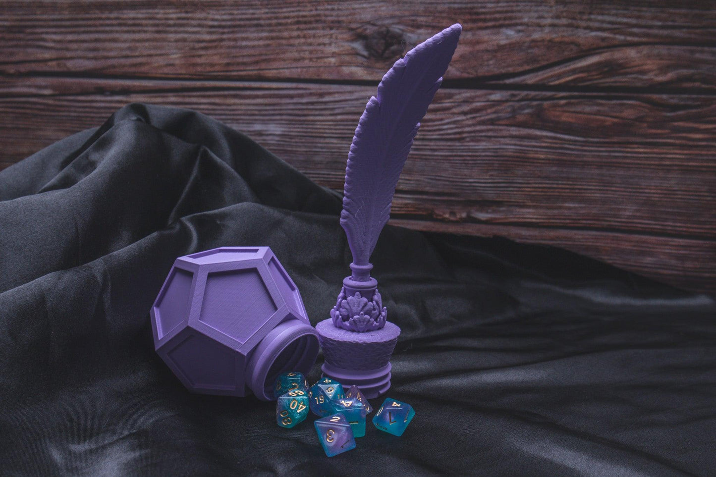 Quill and Ink Dice holder - The Flaming Feather & Flaming Filament